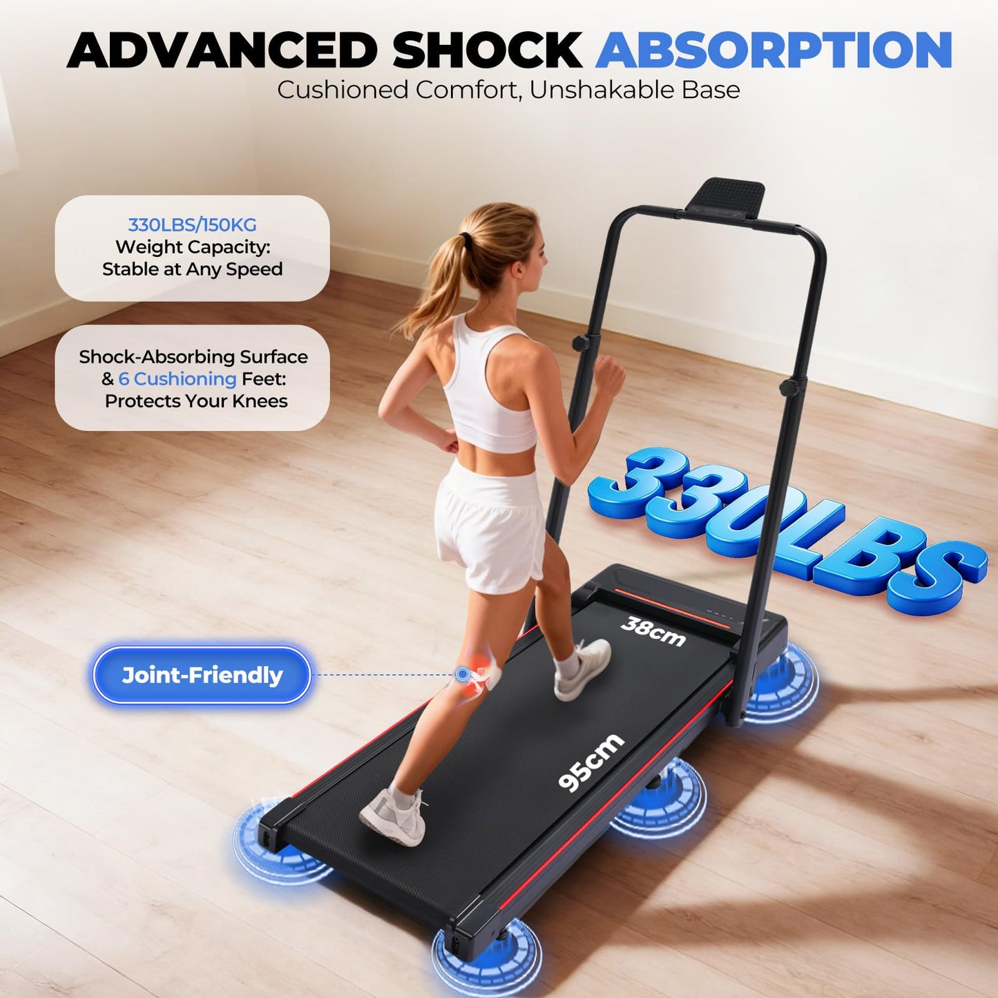 GTPLAYER Walking Pad Treadmill with Adjustable Height Handle Bar, 3HP Quiet Foldable Under Desk Treadmill, Portable Treadmills for Home 350LBS with Remote Control LED Display, Red