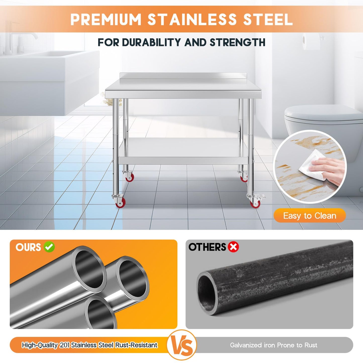 Jocisland 24" x 48" Stainless Steel Table for Prep & Work with Backsplash and Wheels, Adjustable Under Shelf & Safe Design for Restaurant, Home and Outdoor