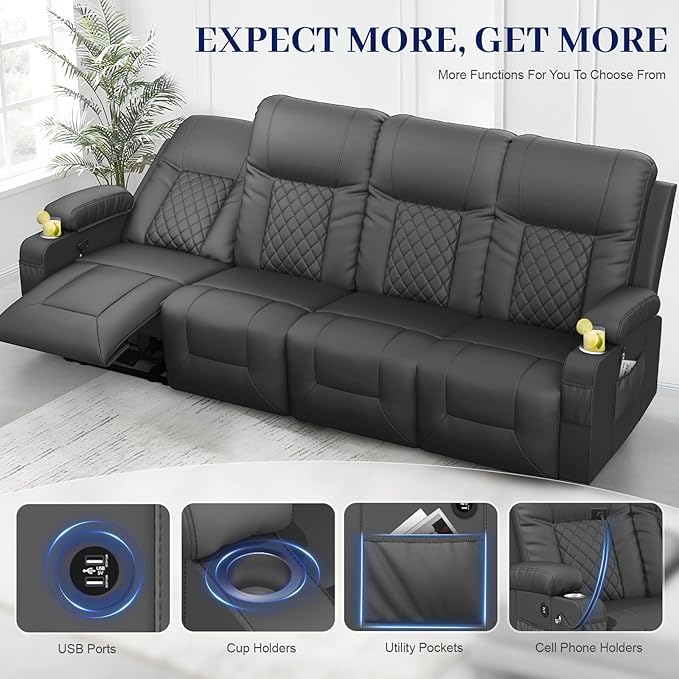 FURNIMAT Oversized Recliner Sofa, 4 Seats Dual Reclining Sofa, PU Leather Loveseat Couch, Modern Recliner Chair for Living Room, with Cup Holder and 2 Cell Phone Holders, USB Ports, Gray