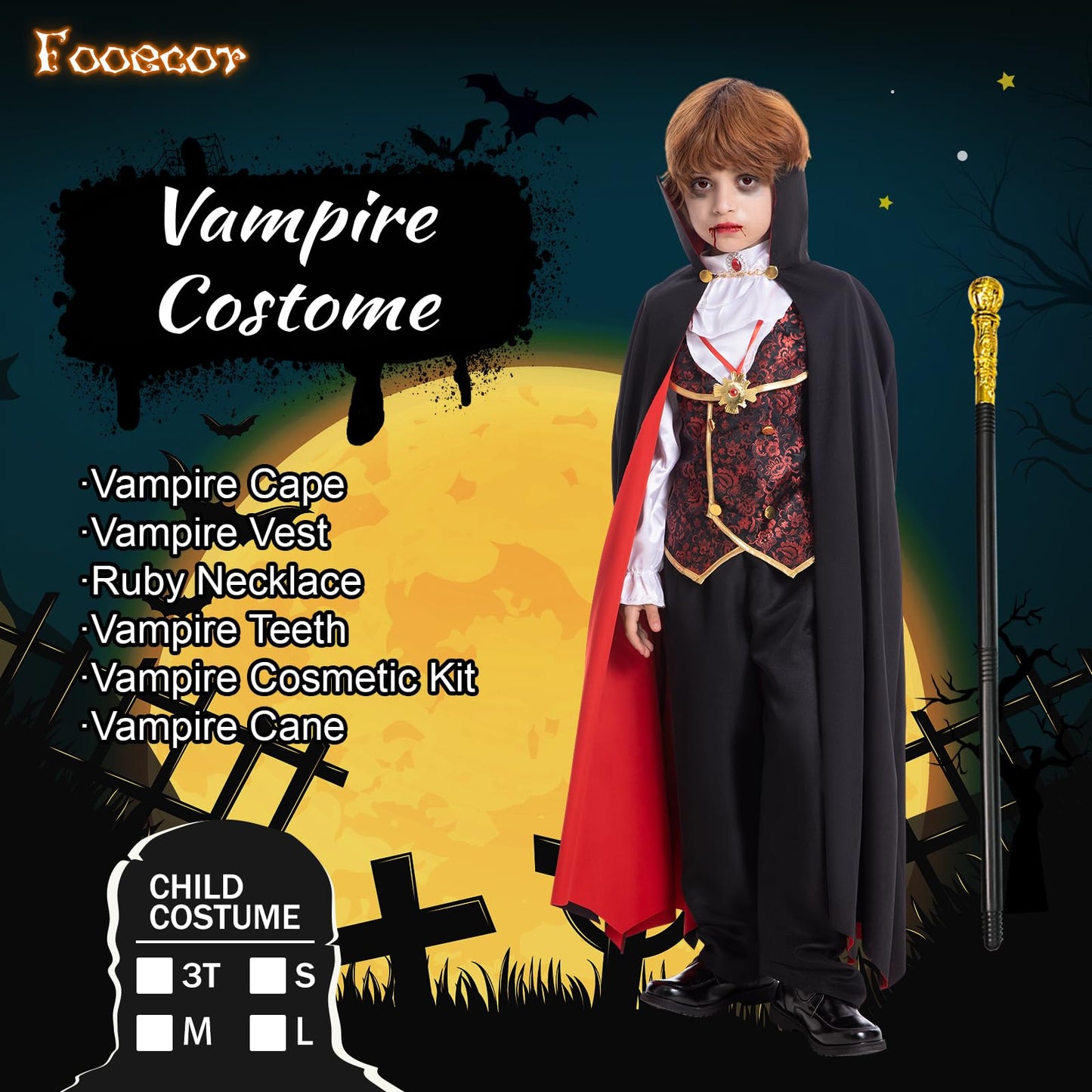Vampire Costume for Boys Scary Halloween Party, Vampire Teeth Cosmetic Kit Included