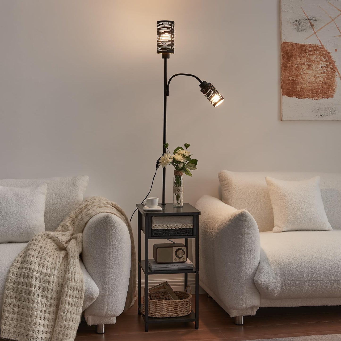 BAMGROW Floor Lamp with End Table, Side Table with Lamp Attached, Bedside Nightstand Light for Small Spaces with Wicker Drawer and Storage Shelf for Living Room, Bedroom, Guest Room, 2 Bulbs Included