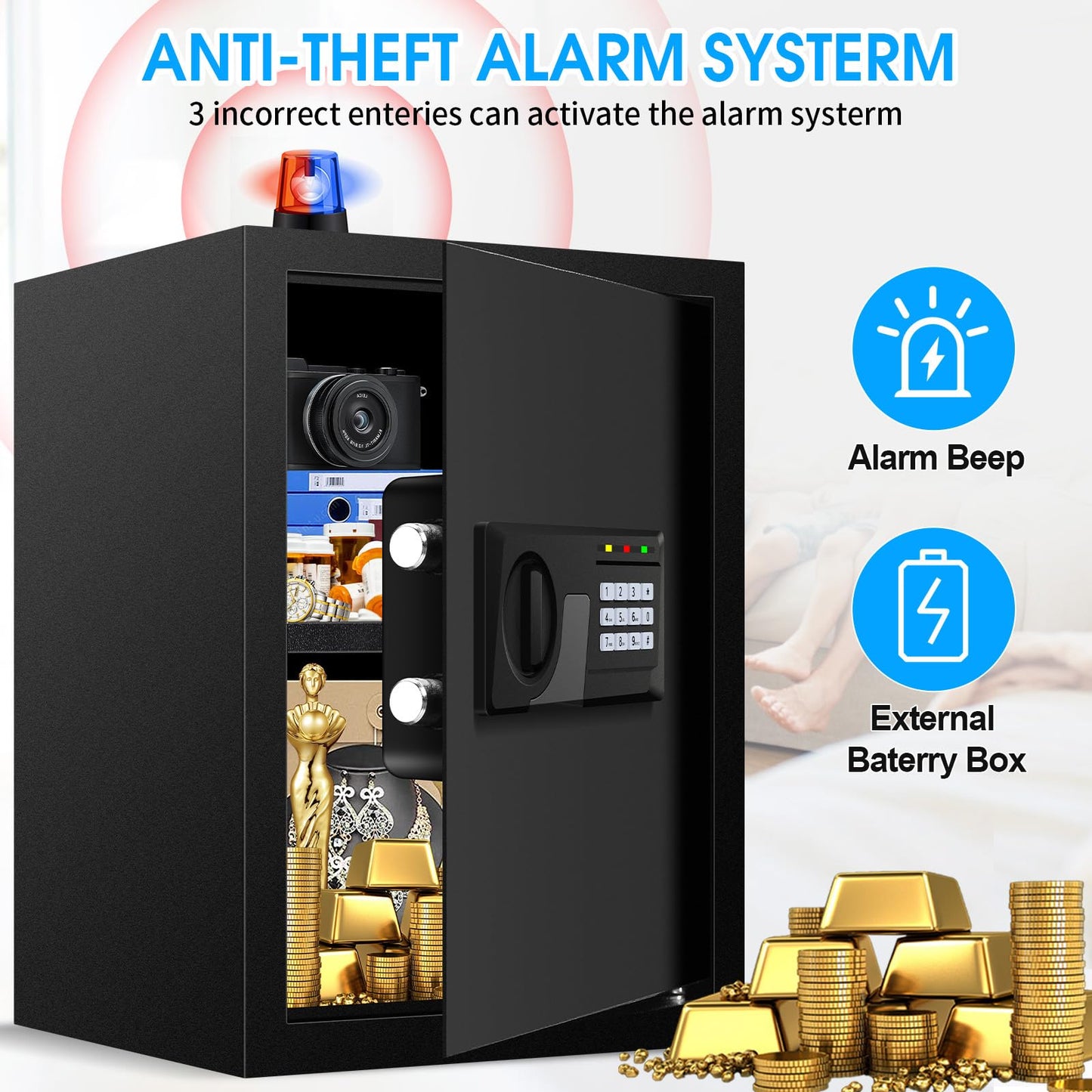 3.3 Cuft Large Fireproof Safe for Home, Home Safety Box Fireproof Waterproof with Electronic Keypad and Spare Keys, Anti-theft Digital Security Safe for Money Firearm Medicine Valuables