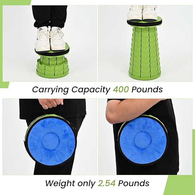 FXKS 2 Pack Upgraded Collapsible Stool with Cushion, Thickened Retractable Folding Stool Max Load Capacity 400lbs, Portable Telescoping Stools for Camping Fishing Outdoor Hiking BBQ -Green