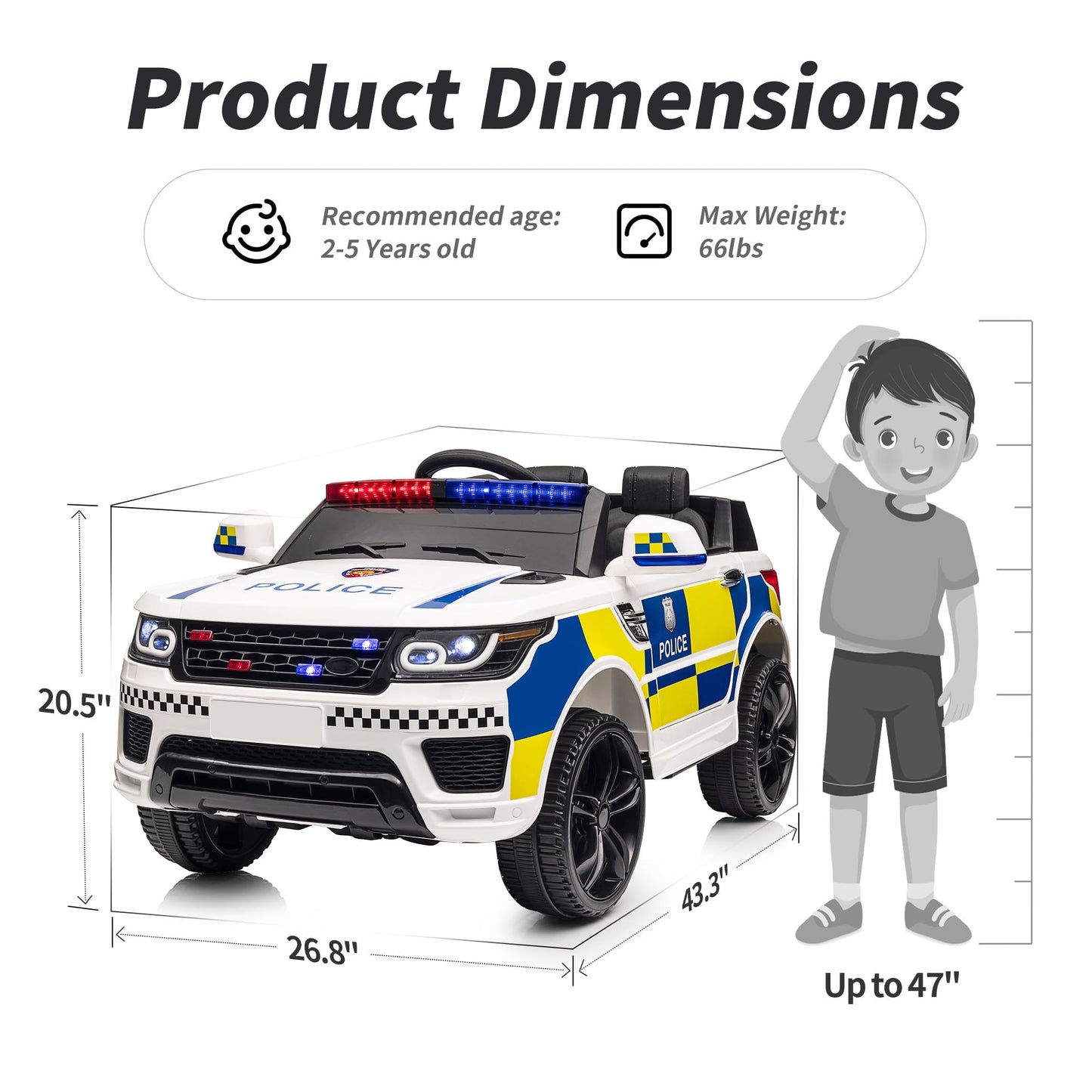 Hikiddo Electric Police Car for Kids, 24V Kids Ride-on Toy Car w/Remote Control, 400W Motor - White