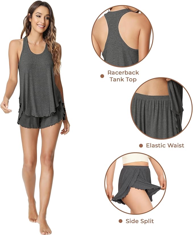 NACHILA Pajamas for Women-Viscose from Bamboo, Ribbed Racerback Tank Top Sexy Split Shorts Pajama Sets Cooling Sleep Cami Pjs