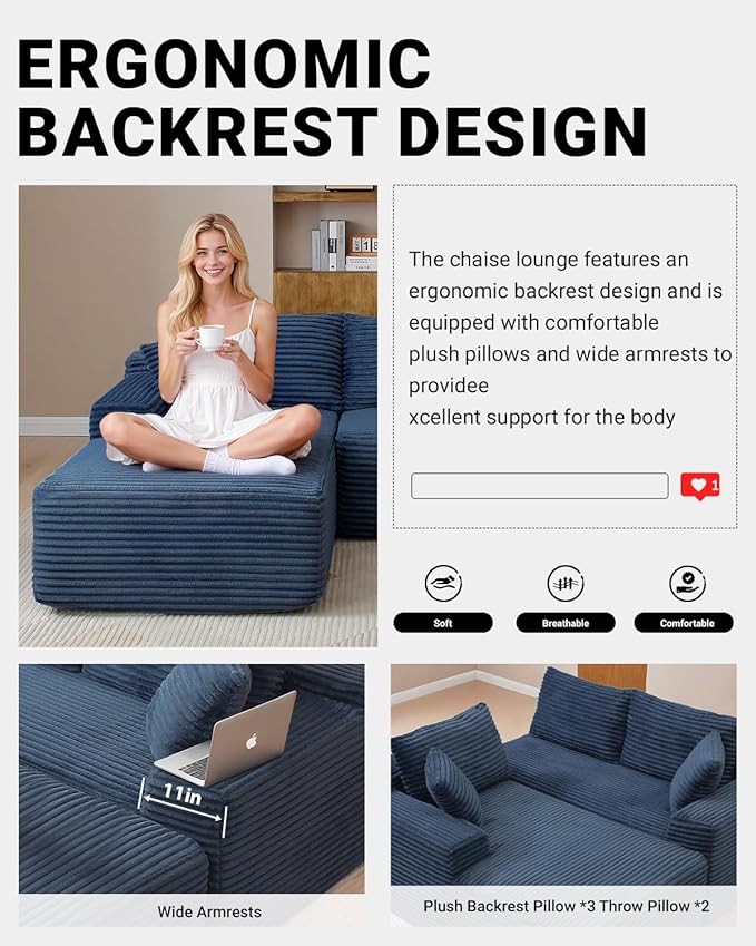 108" Cloud Sectional Couch,Modern Modular Sectional Sofa with Deep Seat,Corduroy Boneless Couches with L-Shape Chaise for Living Room,No Assembly Required (Blue, Left Facing Chaise)