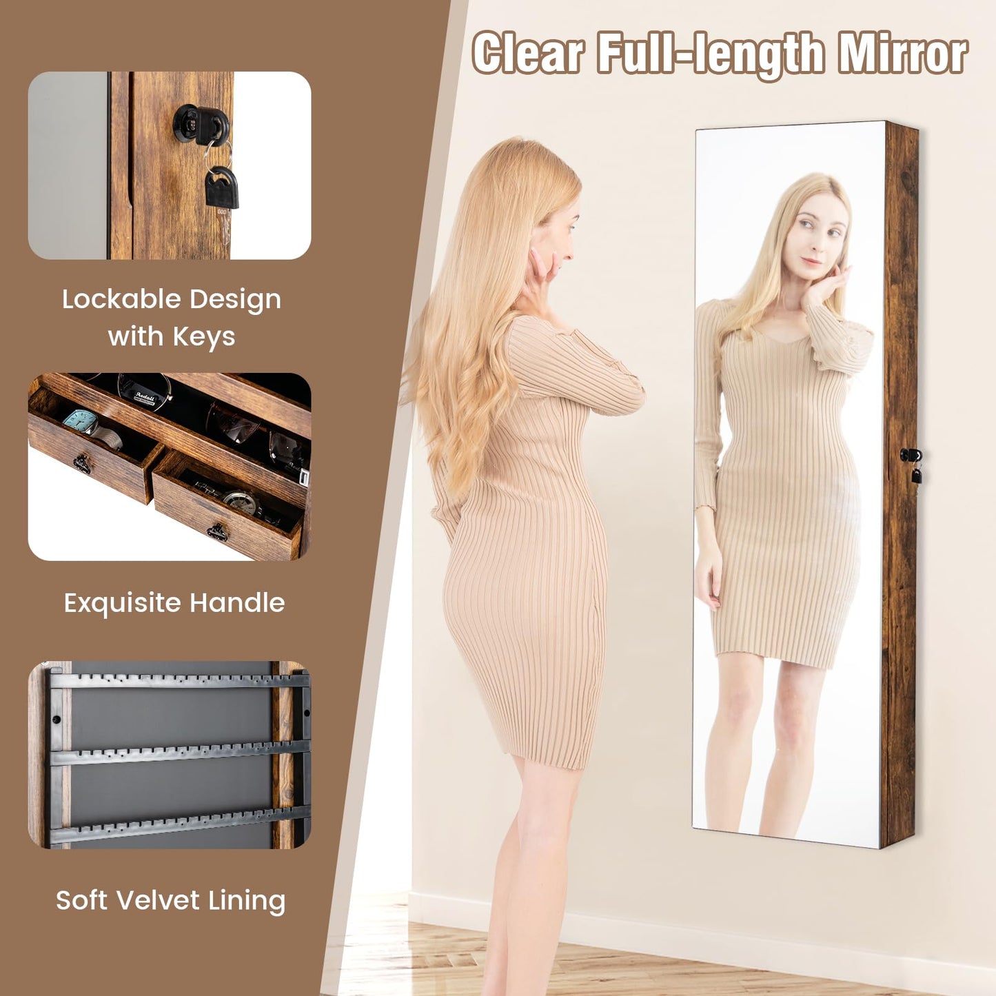 LDAILY Jewelry Armoire Wall or Door Mounted, Full-Length Mirror with Storage, Lockable Mirror Jewelry Cabinet w/ 2 Drawers, LED Lights, Over the Door Jewelry Organizer Box for Women Girls