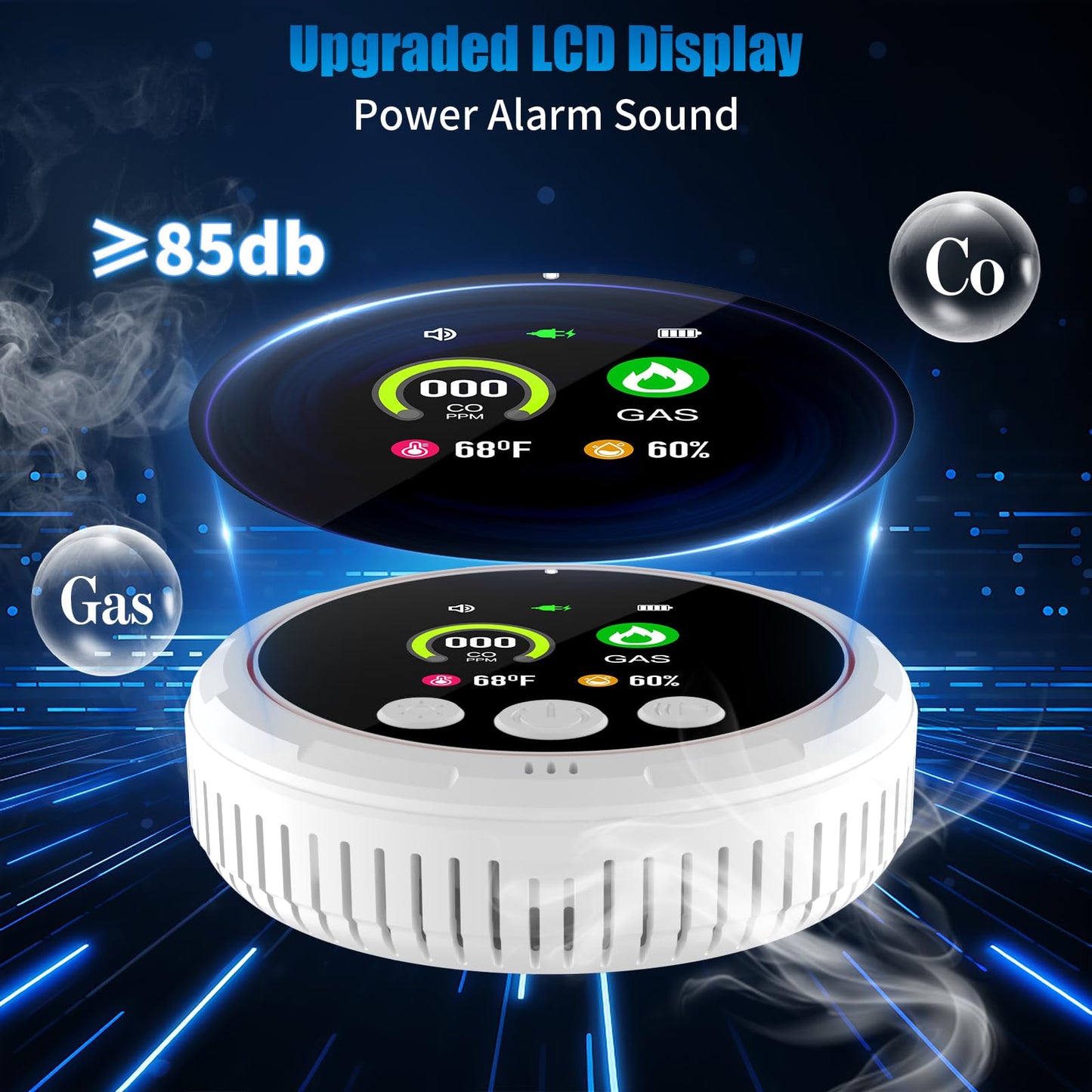 3 Pack 4-in-1 Carbon Monoxide Detectors &Natural Gas Leak Detector, Portable Carbon Monoxide Detectors Plug in & Battery Backup, HD Screen Display