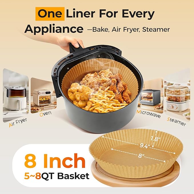 1000 Pcs Air Fryer Paper Liners, 8" Round Air Fryer Liners Disposable, Parchment Paper for 5-8 qt Airfryer Basket, Non-Stick Baking Papers