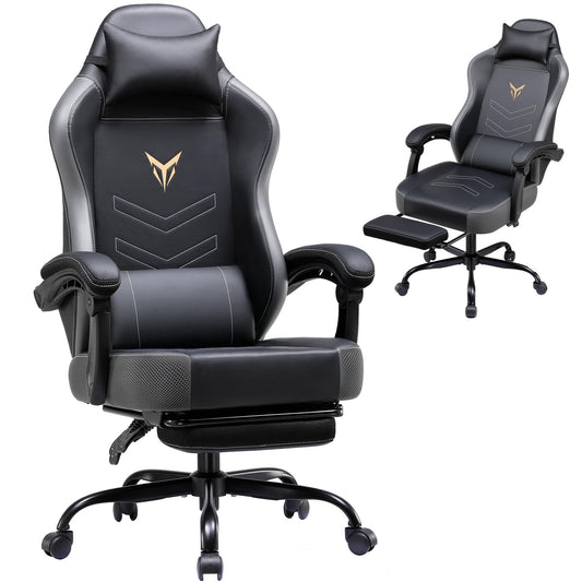 GTPLAYER Gaming Chair, Office Chair High Back Computer Chair with Foot Rest for Adults, Leather Desk Chair Executive Ergonomic Height Adjustable with Headrest and Lumbar Support, 300lbs Grey