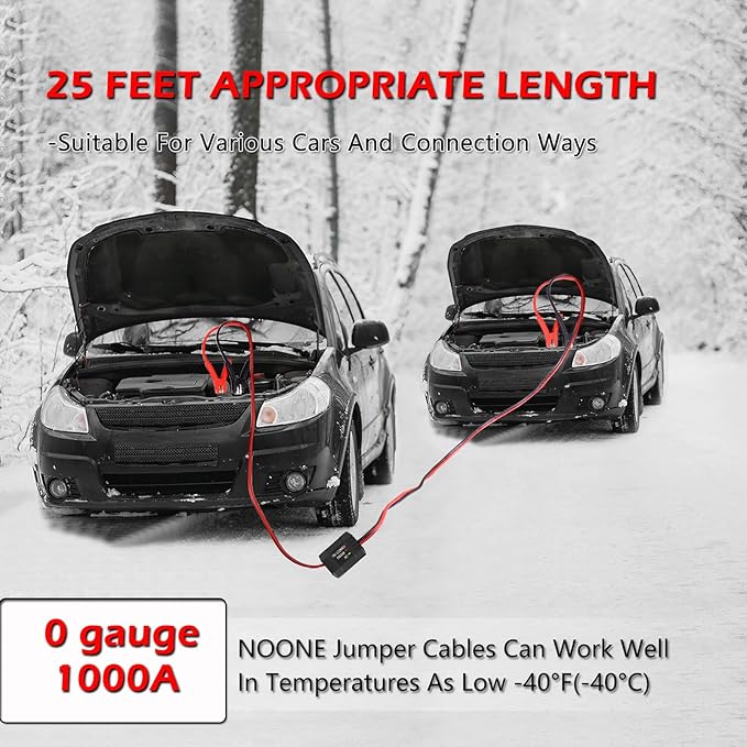 NOONE 0 Gauge 25ft Heavy Duty Jumper Cables, 1000Amp Automotive Booster Cables with Reverse Polarity Protection for Car, SUV, Truck – Complete Kit with Carry Bag, Gloves, Brush & Goggles (0AWG x 25Ft)