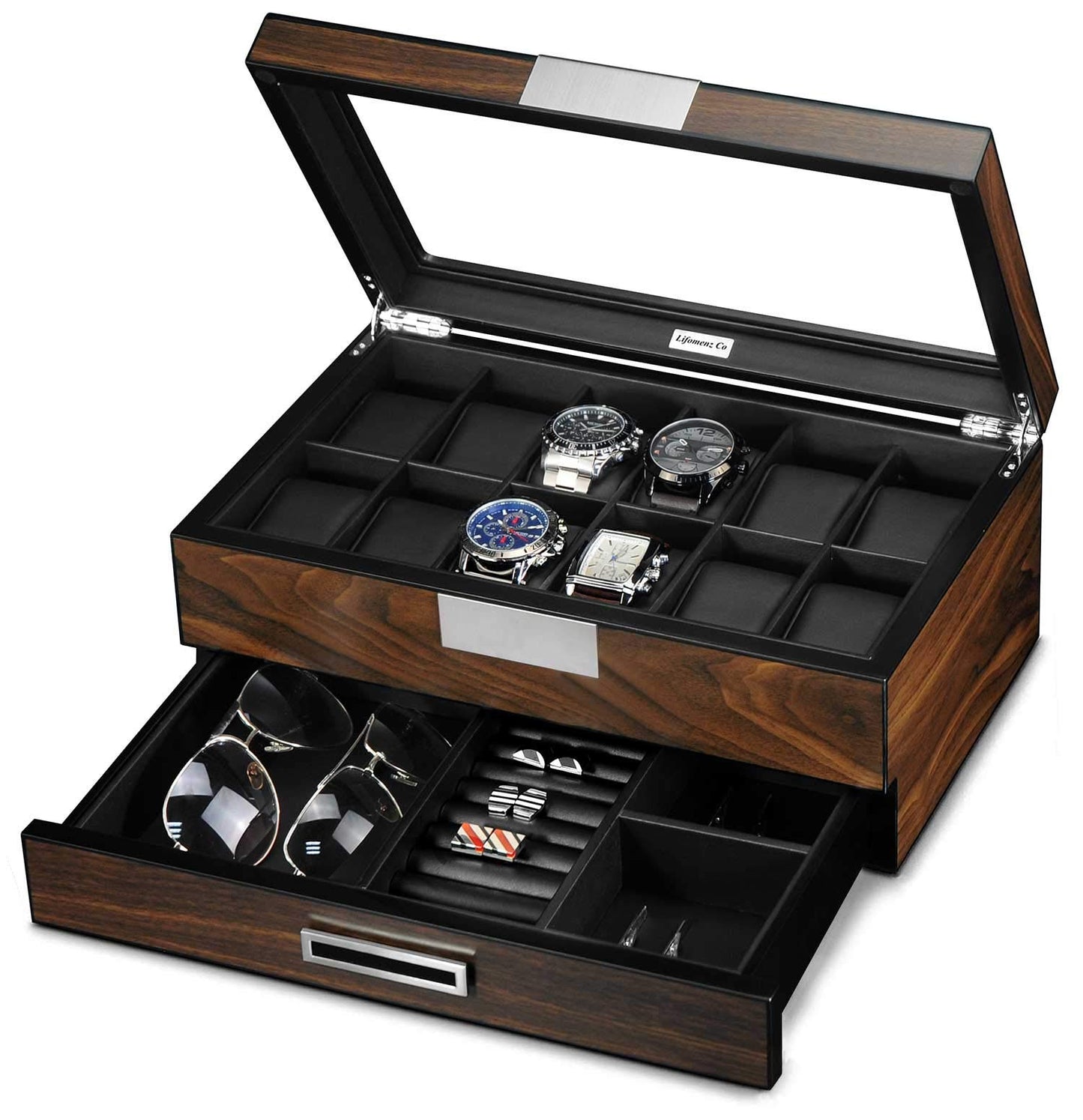Lifomenz Co Watch Box for Men 12 Slot Wooden Watch Organizer - Premium Walnut Watch Display Case Storage with Valet Drawer, Real Glass Window & Luxury Leather Interior