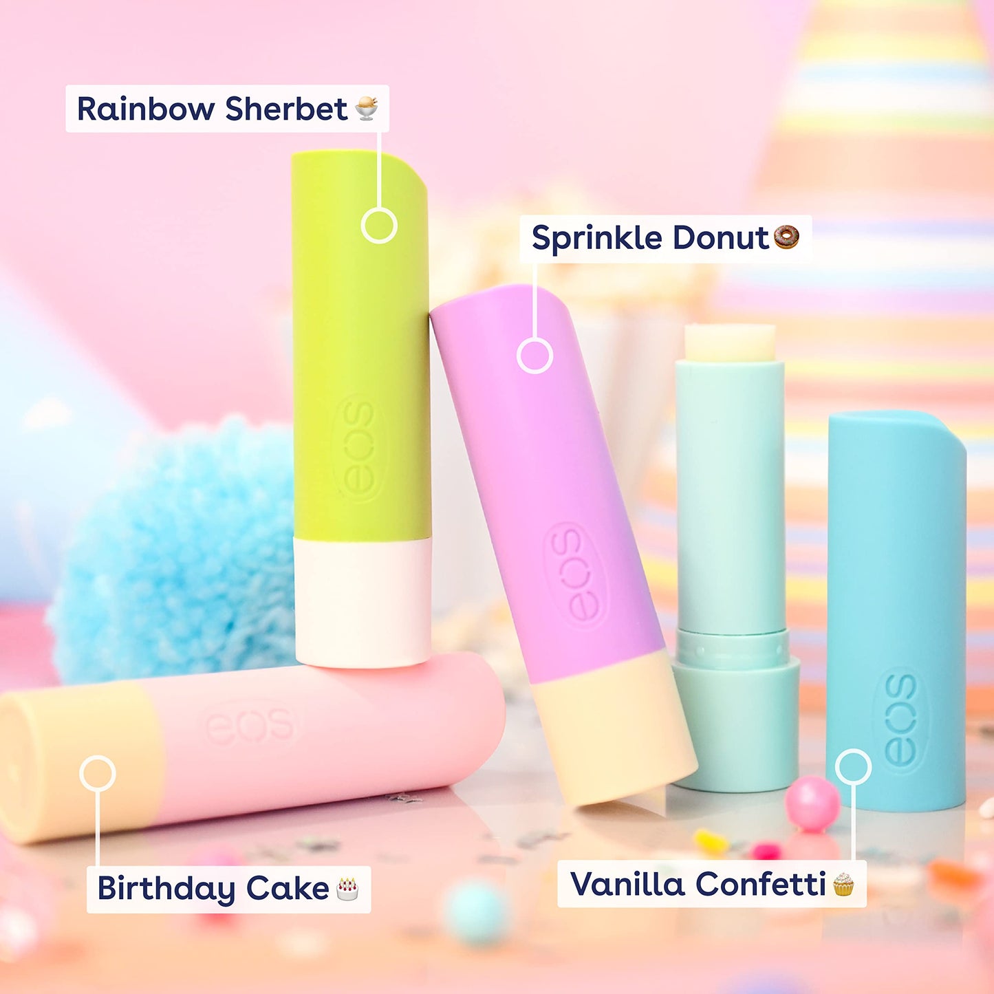 eos Happy Vibes Lip Balm Variety Pack- Sprinkle Donut, Birthday Cake, Vanilla Confetti & Rainbow Sherbet, All-Day Moisture Lip C