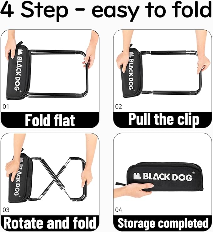 windhike Blackdog 11in Ultralight Camping Folding Stool - 0.7lb Compact Camping Chair, 265lb Capacity Aluminum Alloy X-Frame for Hiking, Fishing BBQ Portable Small Stool for Adults (Pro - Black)