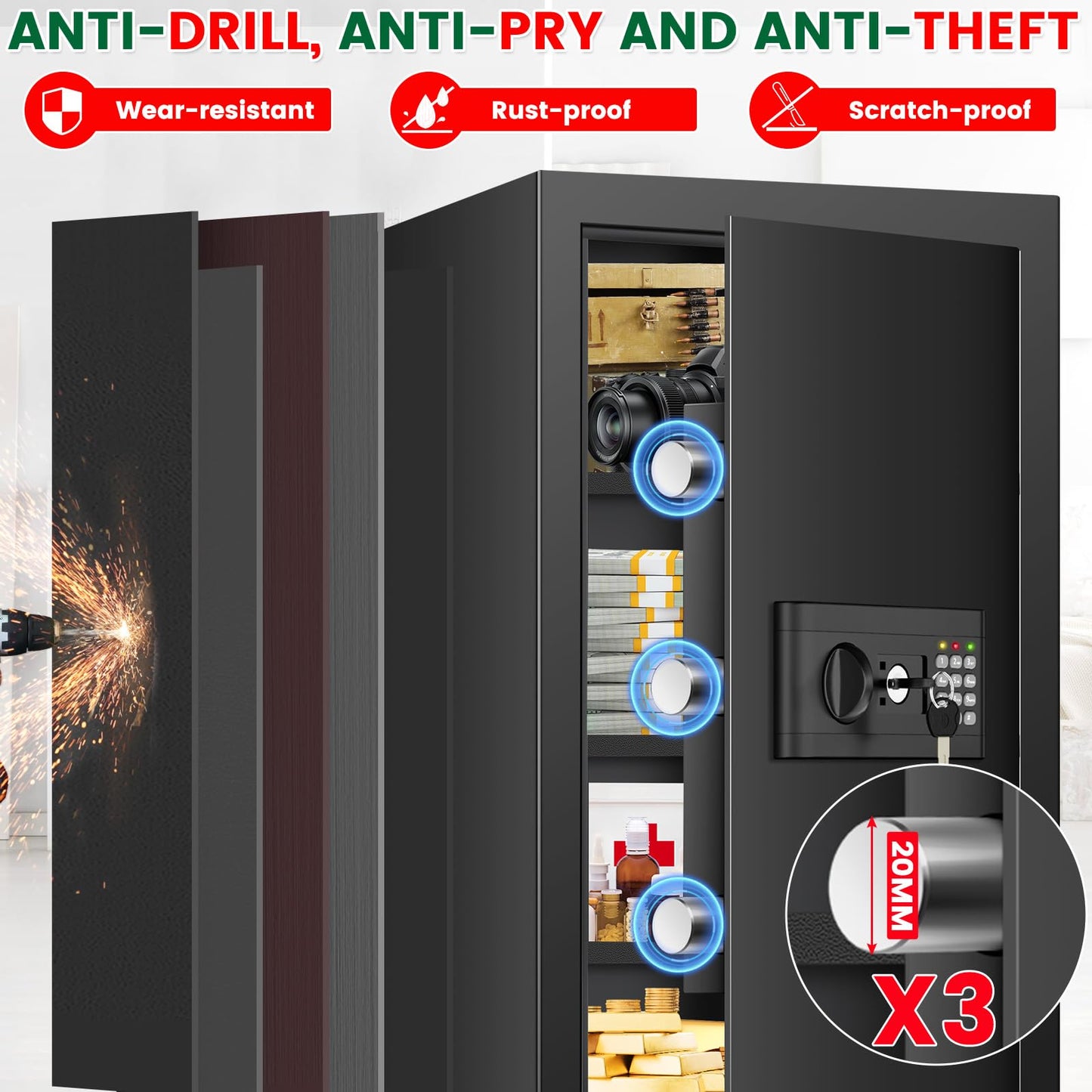 Large Safe, 7.0 Cuft Safe Box With Fireproof Waterproof Letter Bag, Anti-theft Home Safes with Digital Keypad, Spare Key, 3 Removable Shelves, Alert System, Document Safes for Home Business Valuables