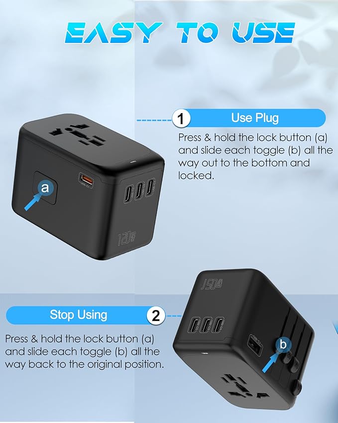 Universal Travel Adapter 120W GaN Fast Charger, 4 USB-C & 1 USB-A & 2500W AC Outlet, USB-C International Power Adapter for Europe, UK, US, Australia 200+ Countries