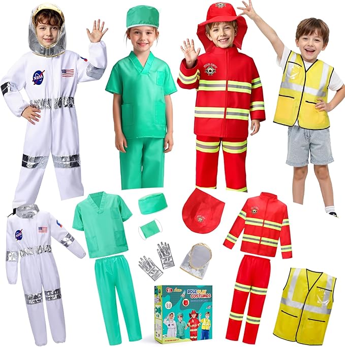 LOYO Kids Role Play Dress Up Clothes for 3-8 Years Old Play, 4 Sets Astronaut/Doctor/Fireman/Construction Costume for Kids...