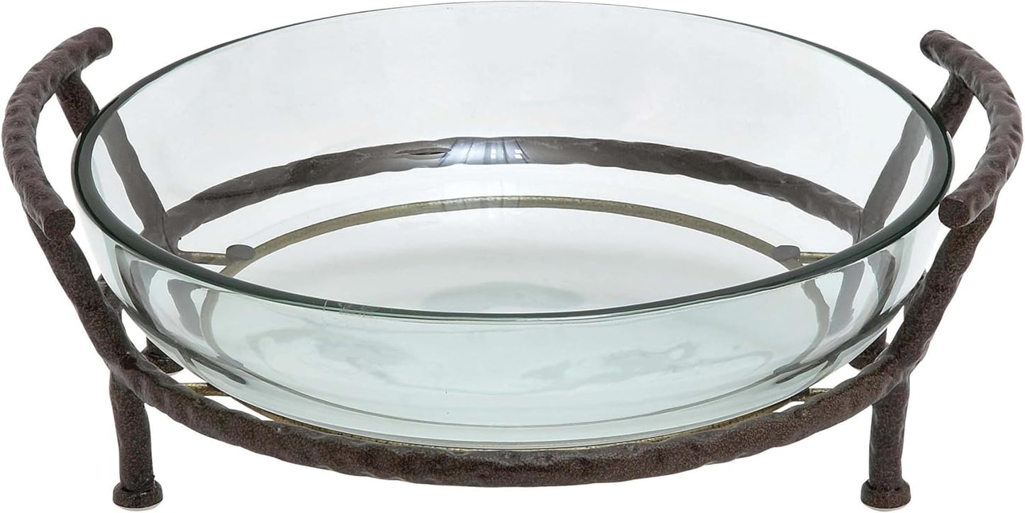 Deco 79 Tempered Glass Kitchen Serving Bowl with Brown Metal Base, 19" x 16" x 7", Clear