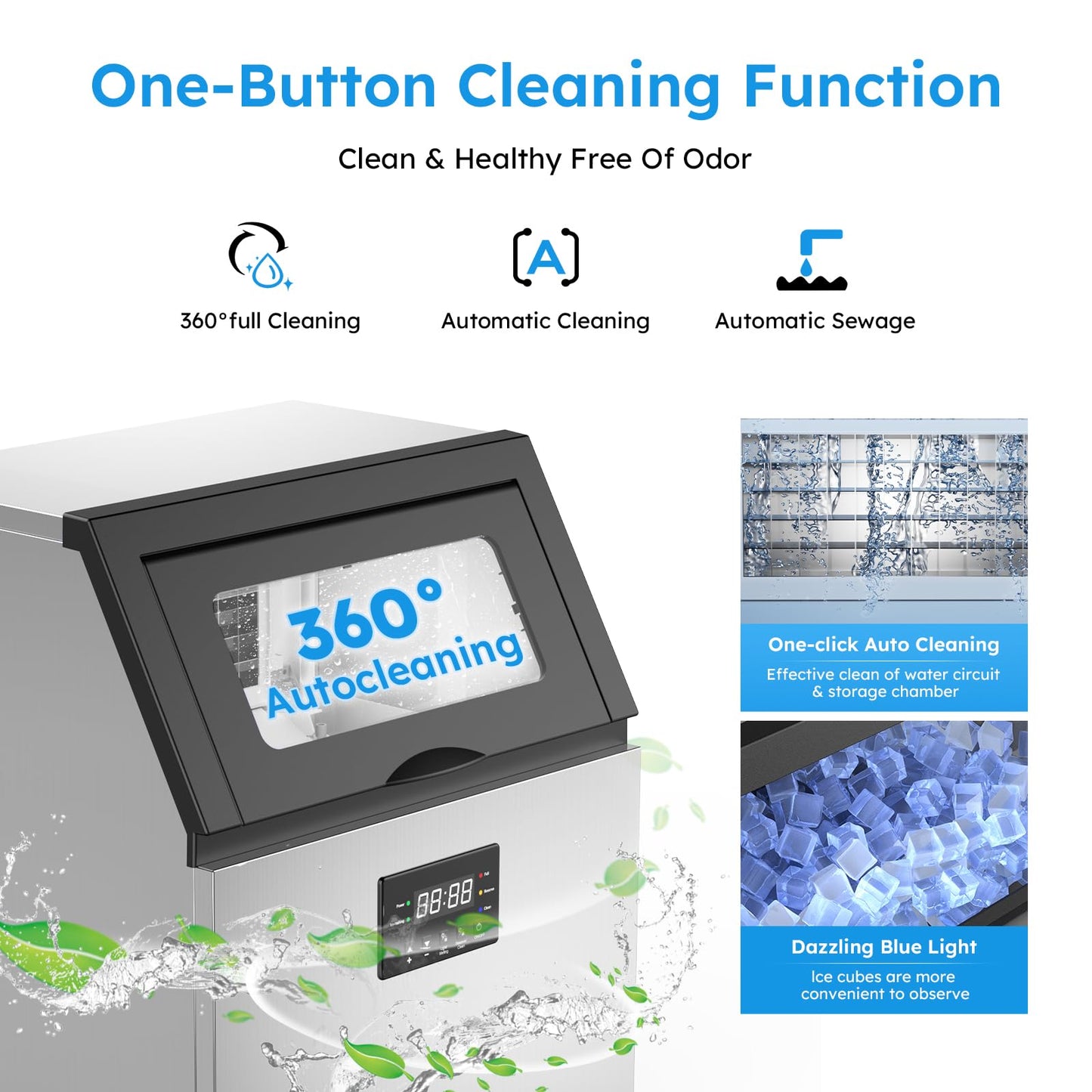 Commercial Ice Machine 150 LBS/24H with 50 LBS Storage Bin, Ice Cubes Ready in 5-15 min, Stainless Steel Industrial Ice Maker, Self-Cleaning, Timing Function, Adjustable Ice Thicknesses