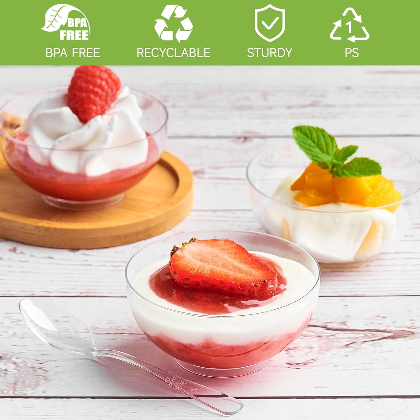 Qeirudu 50 Pack 3 oz Mini Dessert Cups with Spoons, Clear Small Round Party Serving Bowls for Yogurt Parfait Fruit Mousses Appetizer Ice Creams