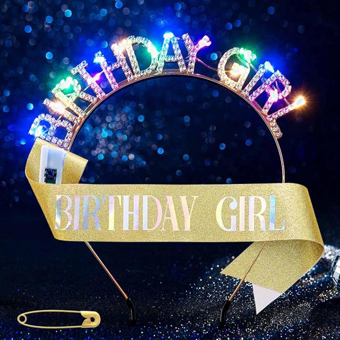 Aceorna Light Up Birthday Girl Headband Gold Rhinestone Crown and Sash Led Birthday Accessories Sets for Women