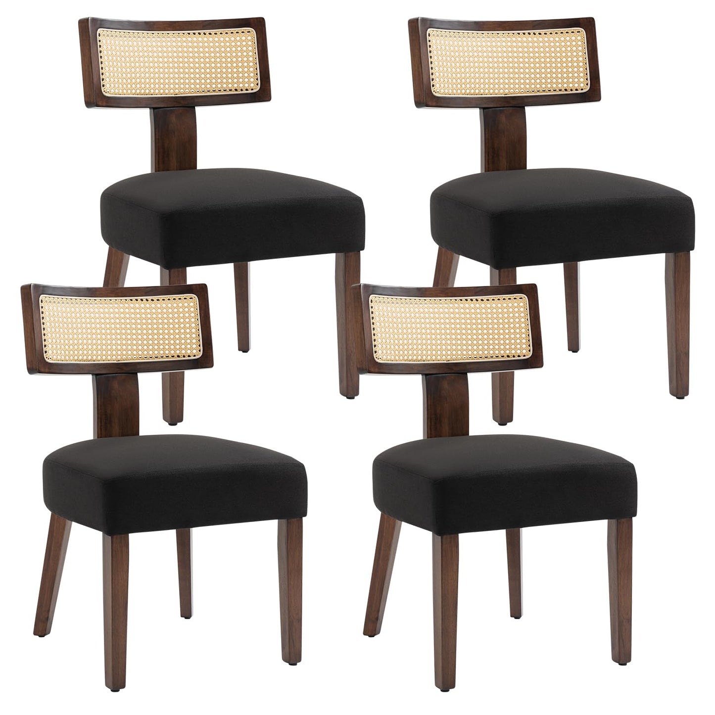 ZJhome Upholstered Rattan Dining Chairs Set of 4, Mid-Century Modern Fabric Dining Room Chairs with Brown Hardwood Frame, Curved Backrest Kitchen Armless Accent Chairs for Living Room (Black)