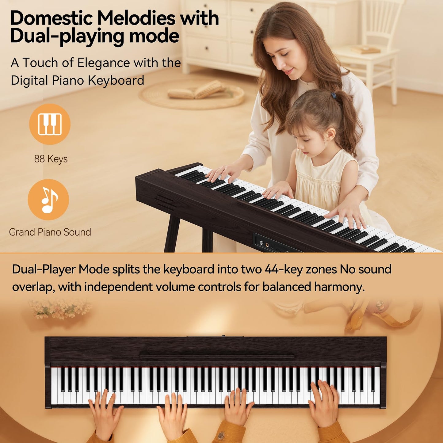 Keyboard Piano 88 Key Digital: 88 Key Piano keyboard Semi-Weighted Full Size Keyboard Digital Premium Sound MIDI Headphone Jack Triple Pedal Compact Design for Beginners to Professionals (Walnut)