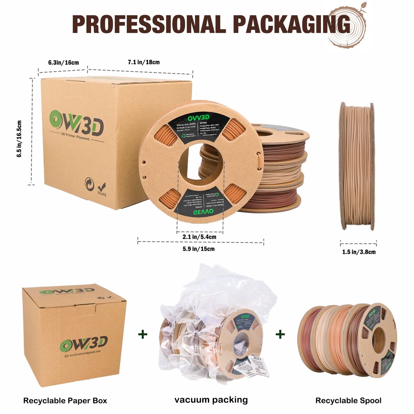 OVV3D Wood 3D Printer Filament Bundle, Wood PLA Filament 1.75mm Bundle, Add More Than 30% Real WoodFiber, Walnut, Oak, Cherry, Teak, 1.75 PLA Filament 3D Printing Filament, 200g X 4 Pack