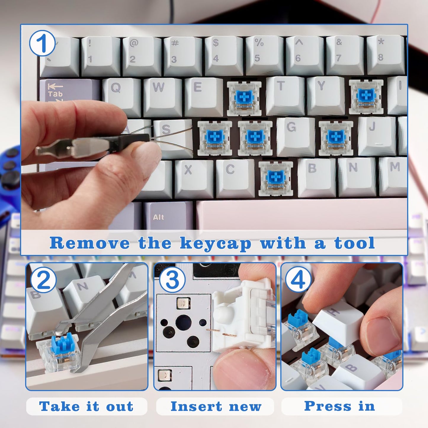 Deftomo 50 Pcs Blue Keyboard Switches, 3-Pin Clicky Tactile Mechanical Keyboard Switches, Complete DIY Replacement Kit with Switch Puller & Brush