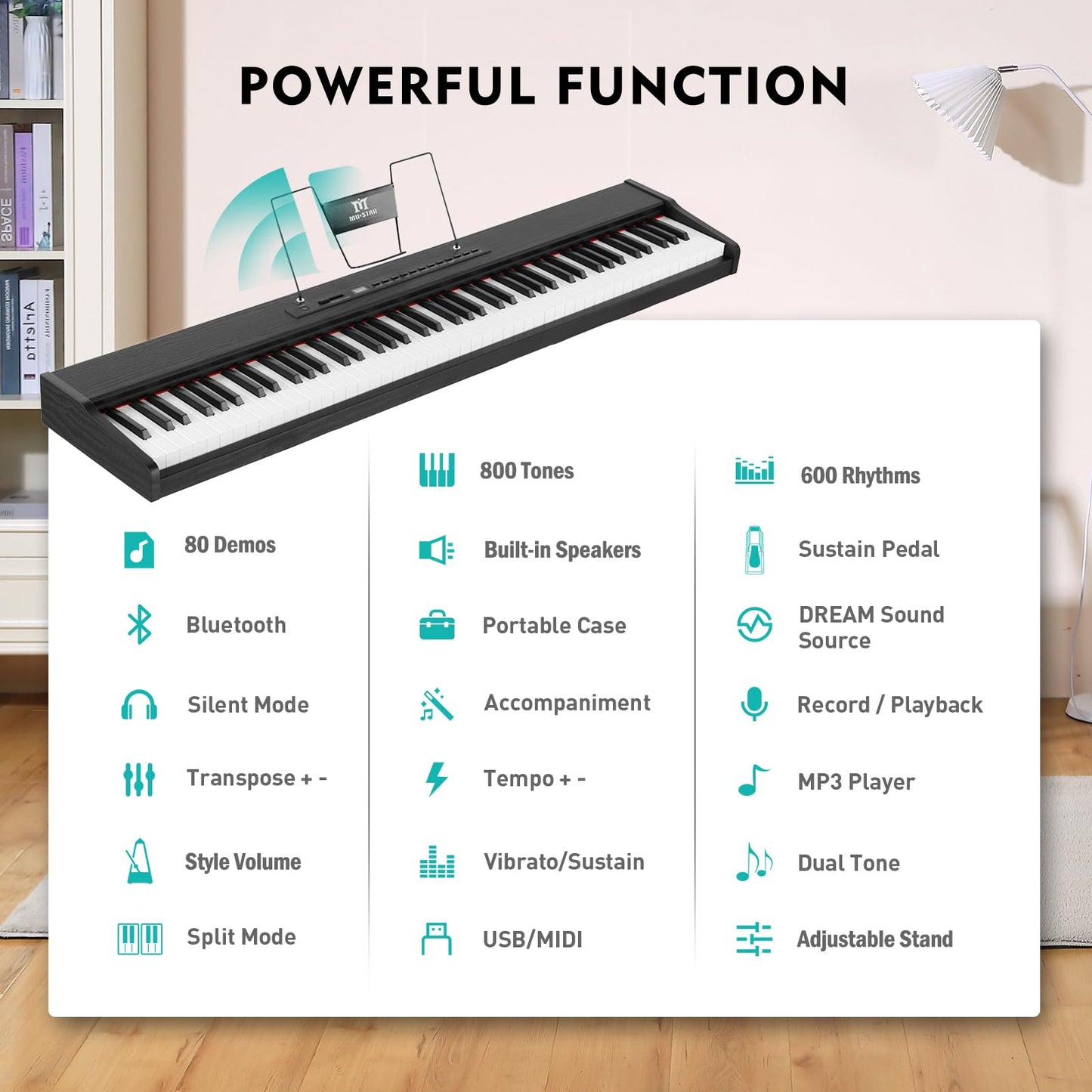 MUSTAR Digital Piano 88 Key Weighted with Stand, 88 Key Semi Weighted Keyboard Piano MEP-900, Portable Electric Piano Keyboard 88 Keys with Bluetooth Connection, Case, Sustain Pedal, MDF, Black