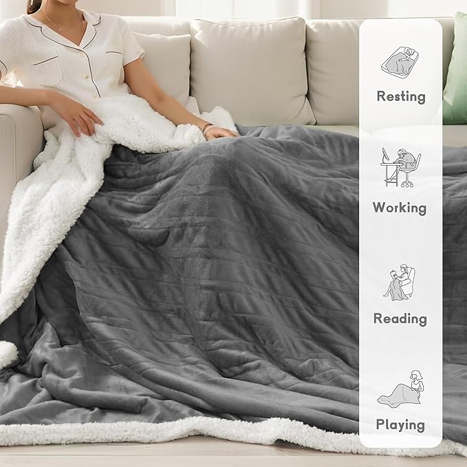 Heated Blanket Electric Blanket Full Size 72''x84'' with 9 Heating Levels, 1-10 Hour Auto Shut Off, Machine Washable, Flannel & Sherpa Soft Warming Blanket for Couch, Bed, Office - Light Grey