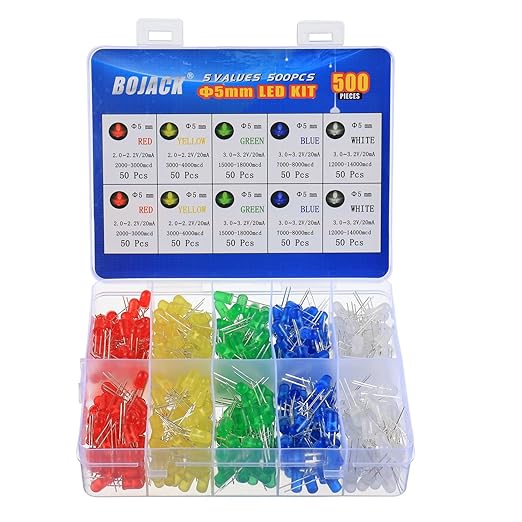 BOJACK 5 Colors 500 pcs 5mm LED Diode Lights Assored Kit Pack Bright Lighting Bulb Lamps Electronics Components 5 mm Light...