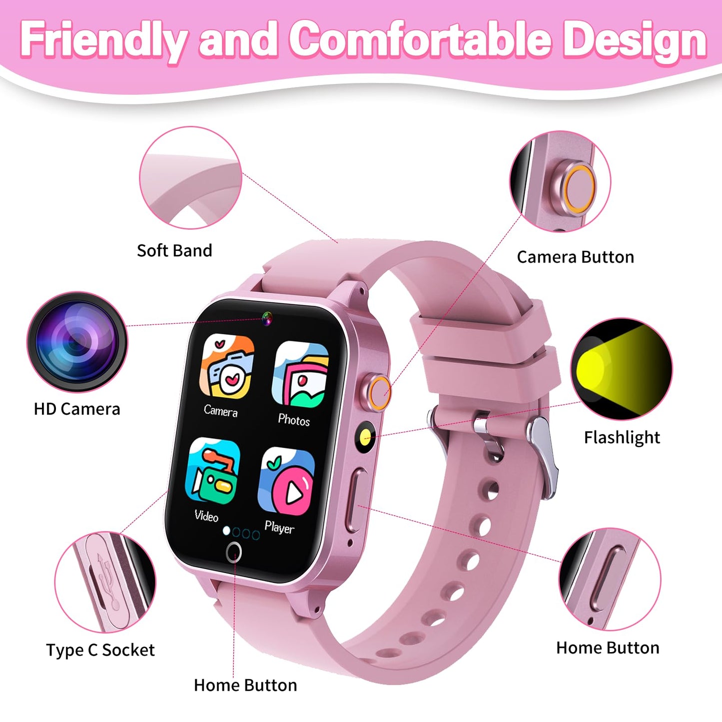 Kids Smart Watch Girls Gift for Girl Aged 6-12, HD TouchScreen Kids Watch with 26 Games Video Camera Music Pedometer Audiostory Learn Card Educational Toys Birthday Gifts for Girls Ages 5 6 7 8 9