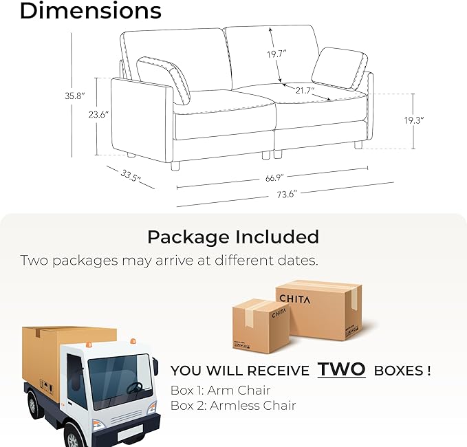 CHITA Modular Sectional Loveseat Sofa, Modern Cloud Couch for Living Room and Apartment, 2 Seat Extra Comfty Sofa, Removable Cover, Easy Assembly for Small Spaces, 73.6 Inch Width, Classic Taupe
