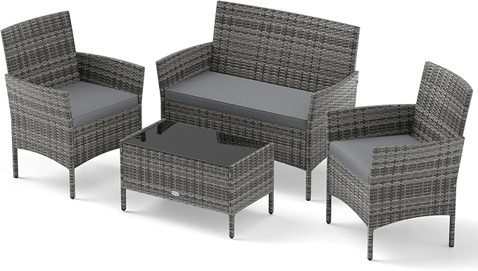 RELAX4LIFE 4-Piece Patio Furniture Set - Rattan Outdoor Conversation Bistro Set w/Cushions, Glass Coffee Table, Wicker Chairs & Loveseat for Garden Backyard Porch, Balcony Furniture Set (1, Mix Grey)