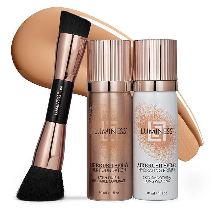 LUMINESS Silk Airbrush Spray Foundation 3-PC Kit - Foundation, Primer & Dual-Sided Makeup Brush - Buildable Coverage, Anti-Aging Formula, Humidity Resistant, Hydrates & Moisturizes, Medium Warm