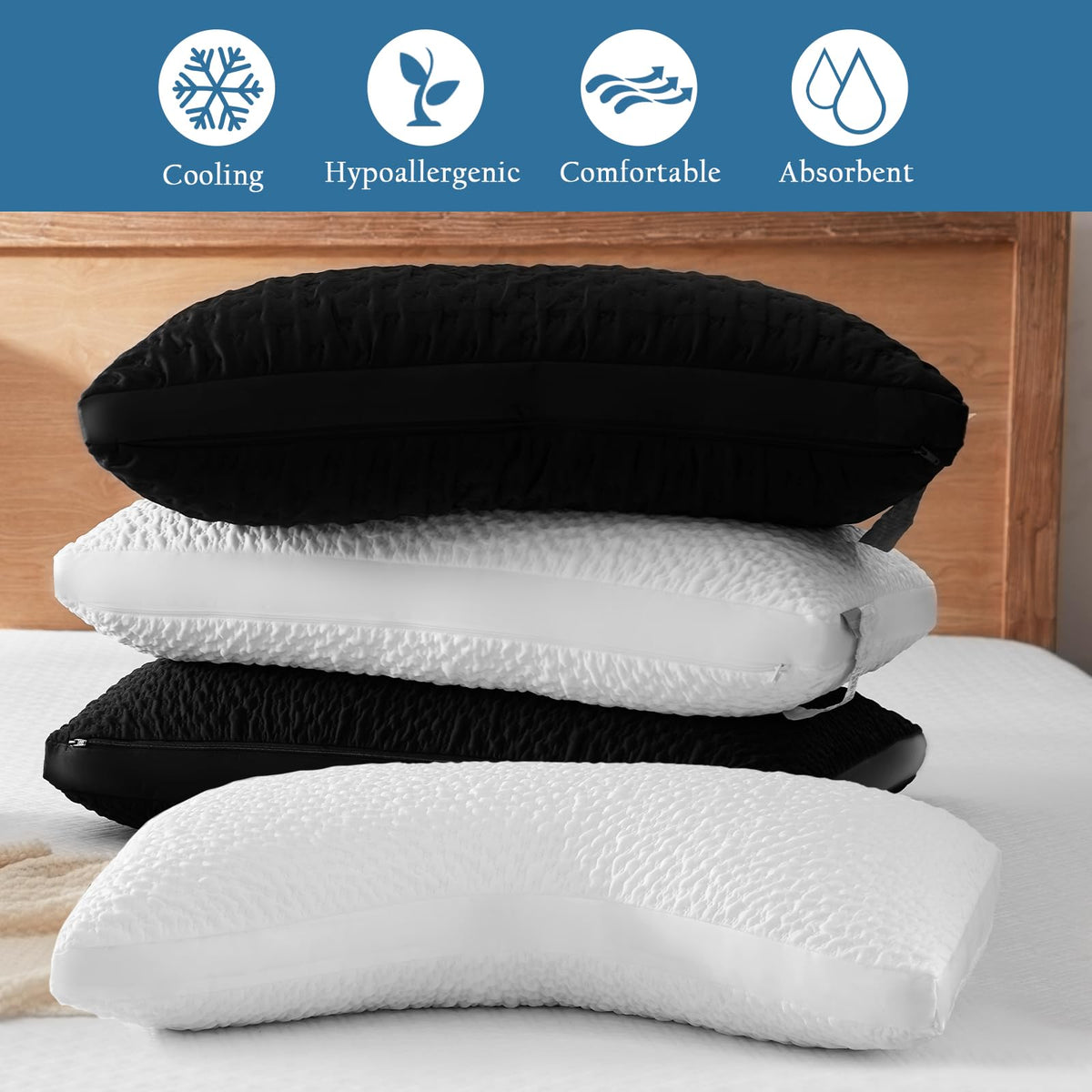 Luxe Linen Side Sleeper Pillows for Adults, Adjustable Shredded Memory Foam Bed Pillows for Neck and Shoulder Pain, Standard Black Cooling Curved Pillows with Washable Cover & Extra Foam Bag