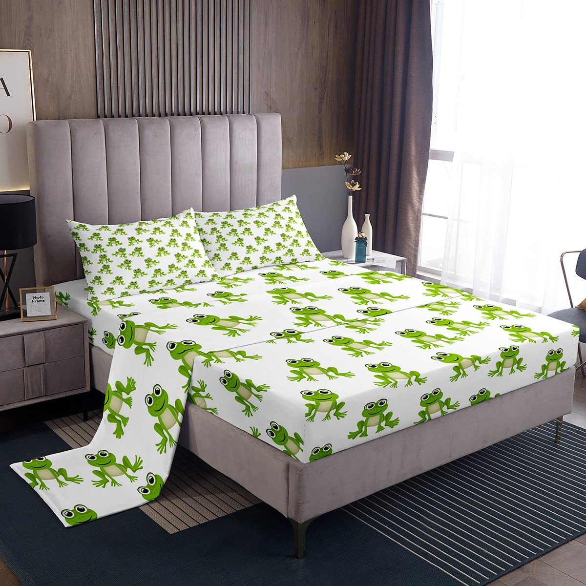 Feelyou Kids Frog Sheet Set Cute Green Frogs Bed Sheets for Boys Girls Children Wild Animal Decor Bed Sheet Set Kawaii Pattern Bedding Set Bedroom Bed Set with Deep Pocket Fitted Sheet 3Pcs Twin Size