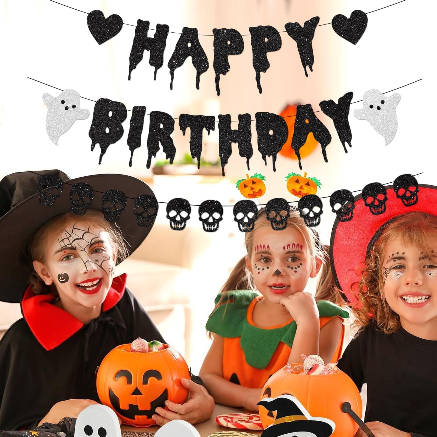 FHGG Black Glitter Halloween Birthday Banner Black Heart Skull Garland Happy Birthday Decorations for Halloween Party Decorations Theme Baby Shower Supplies
