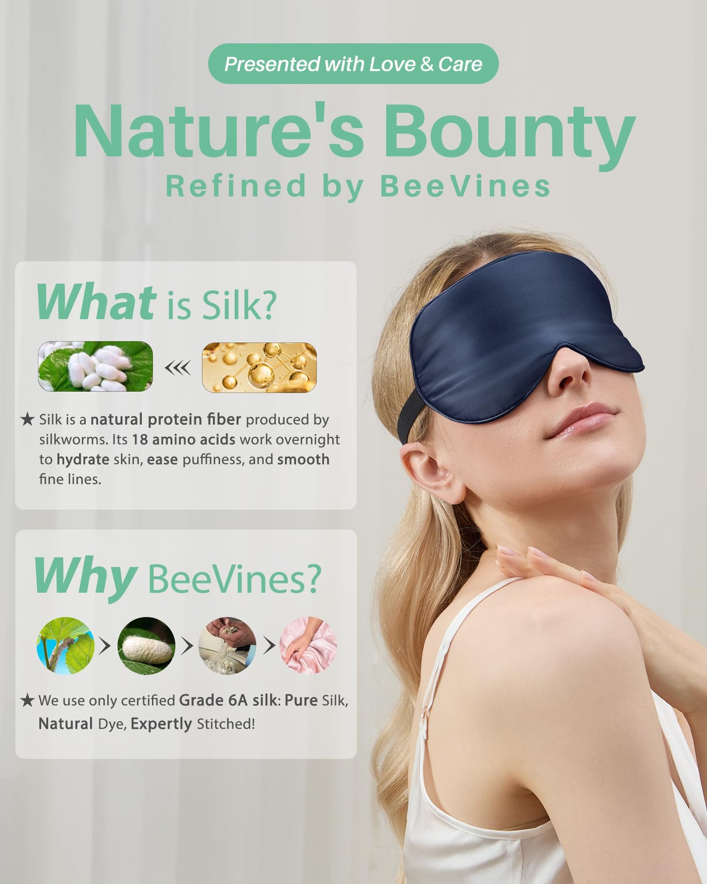 BeeVines 100% Real Mulberry Silk 2 Pack Sleep Mask, Pure Silk Eye Masks with Adjustable Strap for Sleeping, 100% Block Light Eye Sleep Shade Cover, Reduces Puffy Eyes Traveling Gifts(Black & Blue)