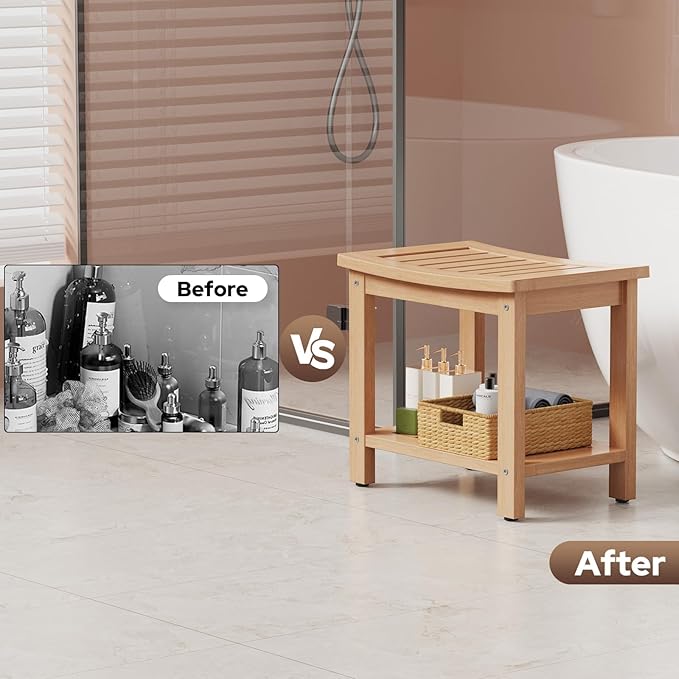 Psilvam Poly Lumber Shower Bench, Shower Stool with Storage Shelf, Water Resistant & Non-Slip Design Shower Seat for Bathroom, Living Room, Bedroom 21 1/4"×14"×18 1/2"（Teak Color）
