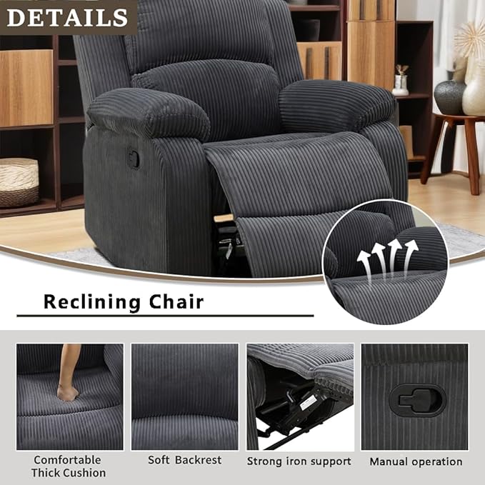 A Ainehome Recliner Sofa Set Loveseat Chair Furniture Sofa Set Living Room Furniture Set Grey Corduroy for Living Room/Small Space/Rv/House/Office/Theater Seating (A-Dark Grey Corduroy, Chair)