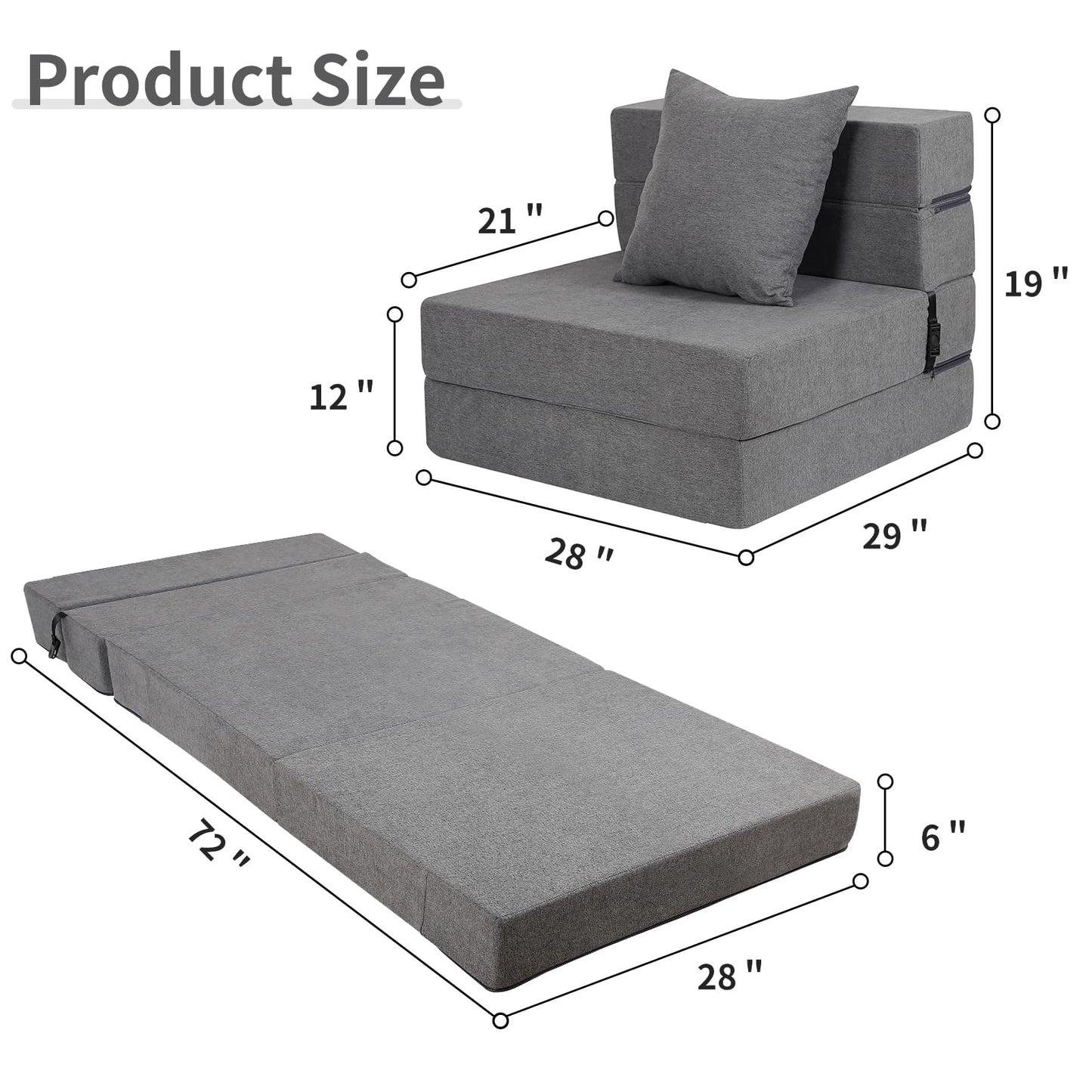 LOVMOC Futon Sofa Bed With High-Density Memory Foam and Fluffy Pillow, Folding Floor Couch Guest Bed, Single Size, Dark Grey