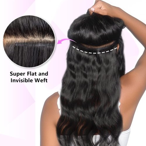 FBLhair 20 inch Seamless Body Wave Clip in Extensions Real Human Hair Extensions Clip Ins 110g 7pcs Thick Invisible Clip in Hair Extensions #1B Natural Black