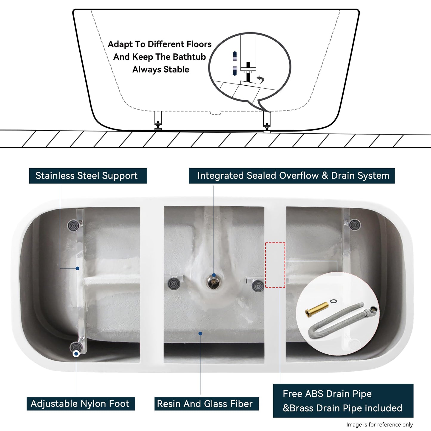 FerdY Maui 67" Freestanding Bathtub Elegant Freestanding Soaking Bathtub, Glossy White, cUPC Certified, Toe-Tap Chrome Drain & Overflow Assembly Included