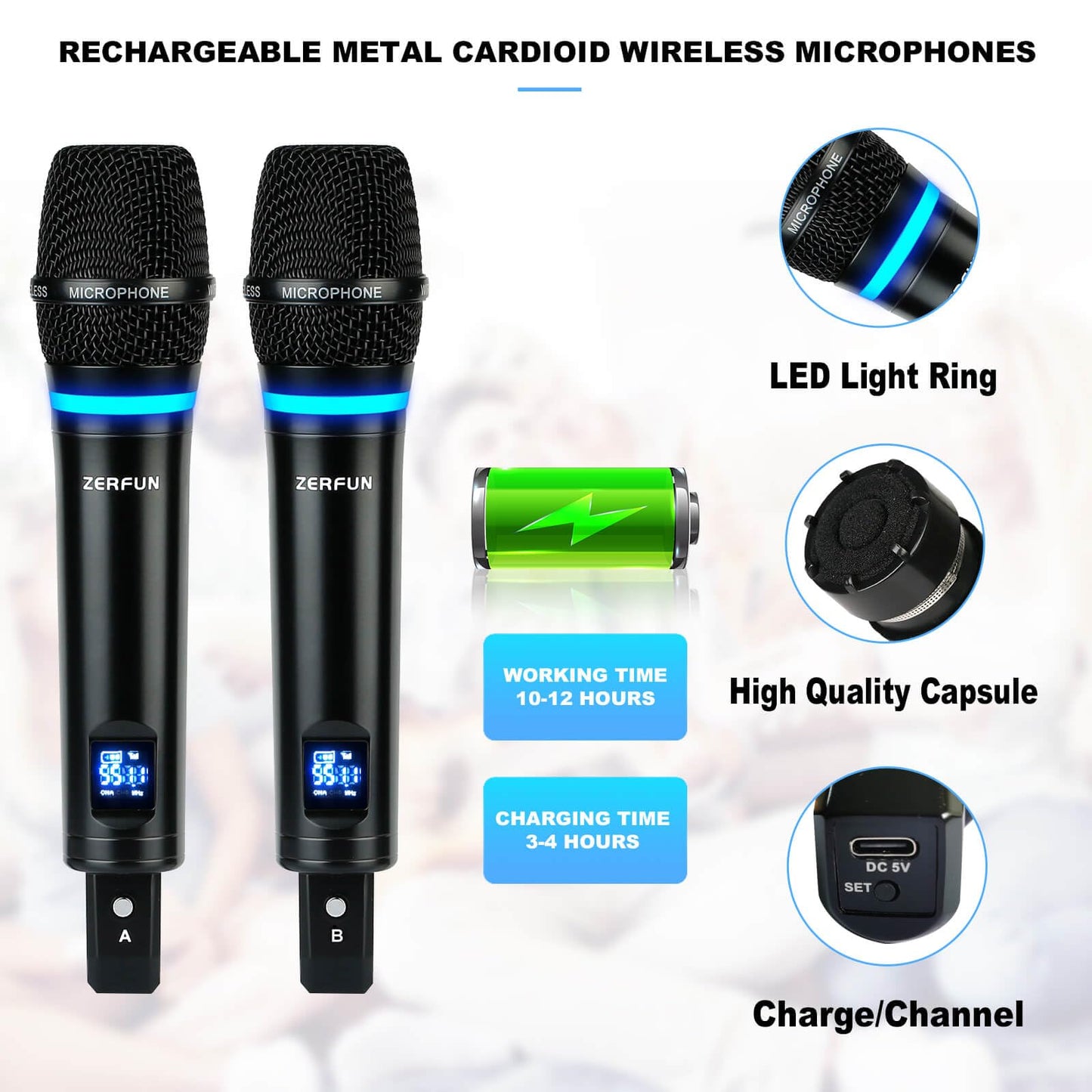 ZERFUN Rechargeable Wireless Microphone System 4 Channel Pro, UHF Metal Handheld Headset Lavalier Lapel Mics Cordless for Church Karaoke Singing with Volume Control, 4x50 Frequency(G8)