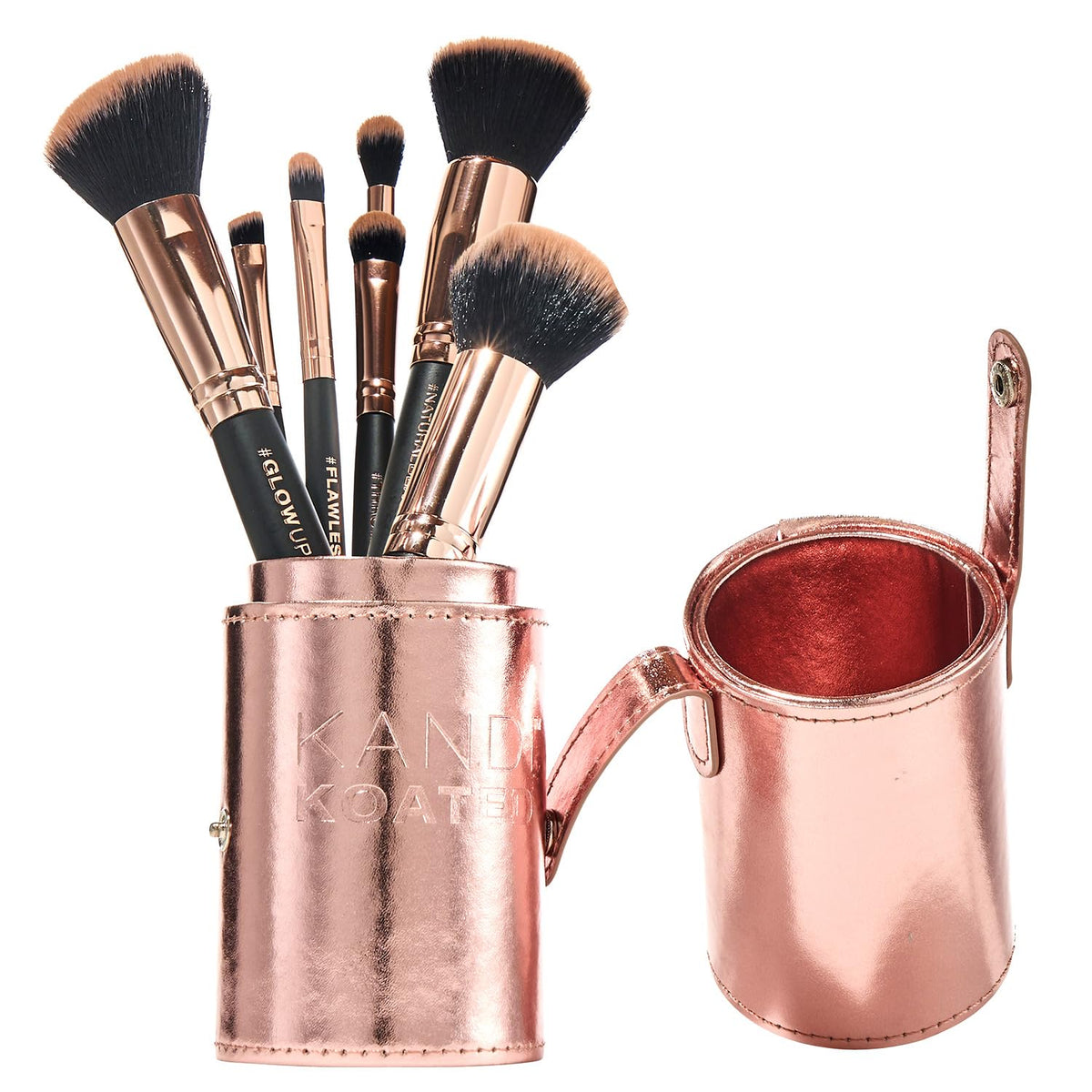 Kandi Koated Makeup Brushes Set with Faux Leather Travel Case [Rose Gold] Synthetic Makeup Brush Kit with Daily Affirmations by