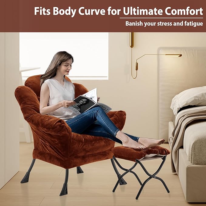 Youtanic Lazy Chair with Folding Ottoman, Accent Chair Plush Upholstered with Metal Structure and Non-Slip Pads, Sofa Armchair with Footrest and Side Storage Bag for Dorm, Room, Office, Brown