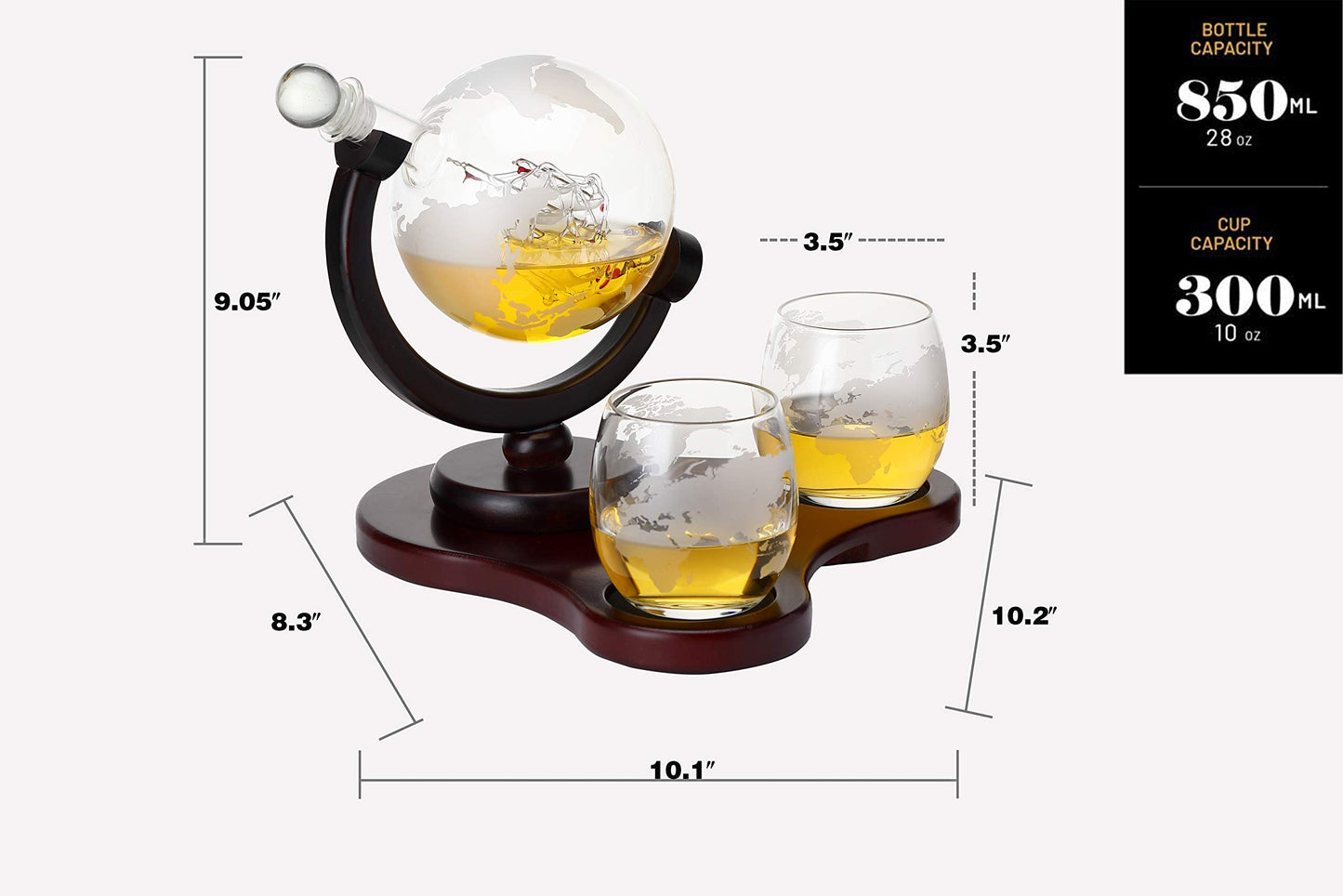 Verolux Whiskey Globe Decanter Set with 2 Glasses in Gift Box - Whiskey decanter for Liquor, Whiskey, Brandy, Gin, Rum, Tequila, Vodka, and Brandy - Home Bar Accessories for Men and Women