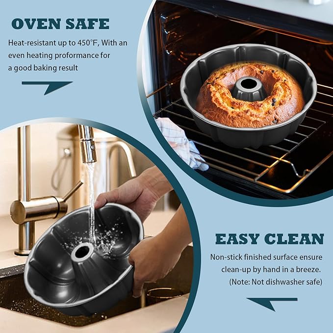 P&P CHEF 10 Inch Gray Non-stick Cake Pan, Carbon Steel Fluted Tube Round Baking Pan for Pound Cake, 10-Cup Large Capacity Bakeware, Healthy & Heavy Duty, 1 Piece